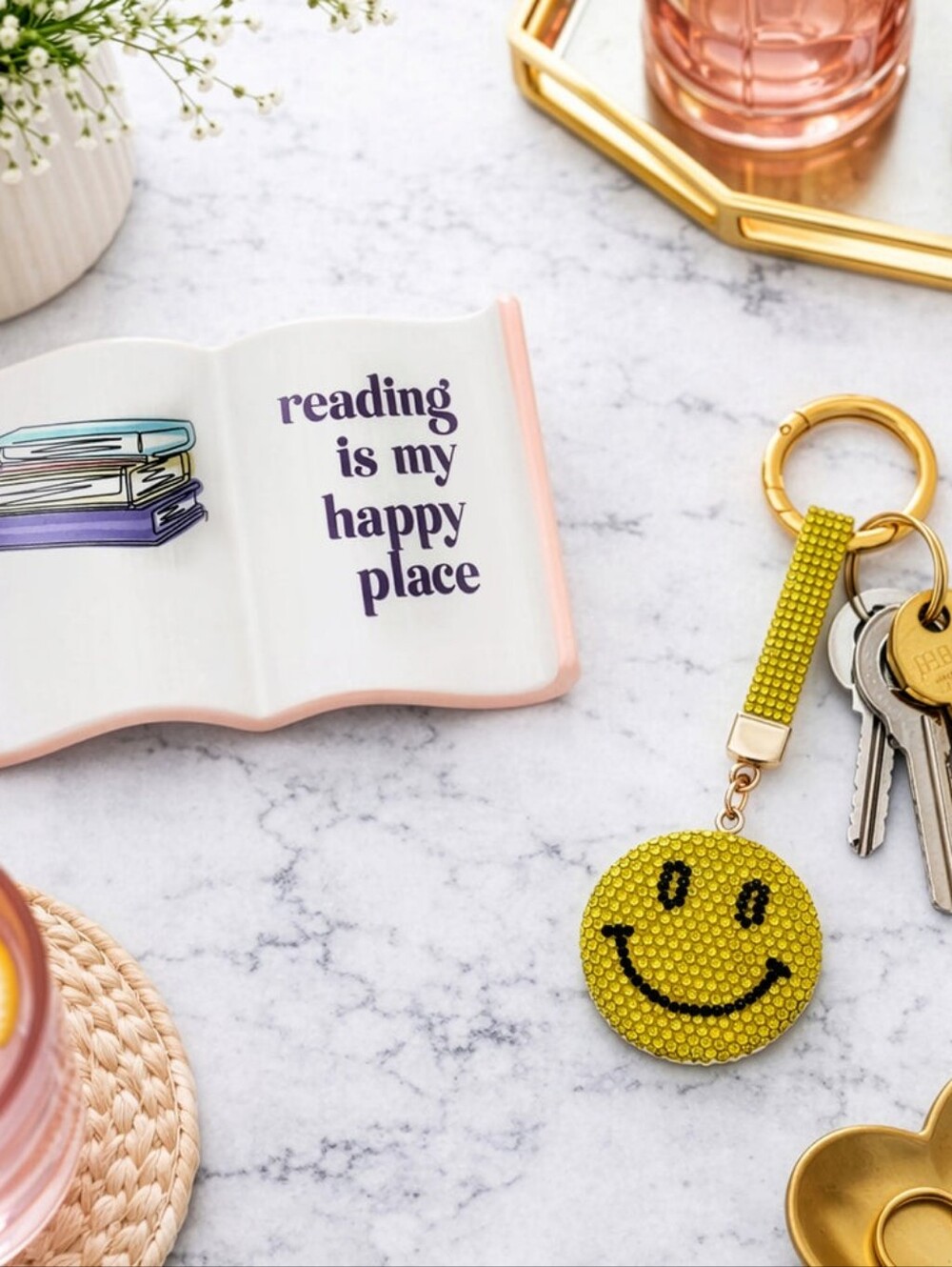 Smiley Gemmed Bag Charm Yellow Rhinestone Keychain Purse Accessories - Picture 5 of 6